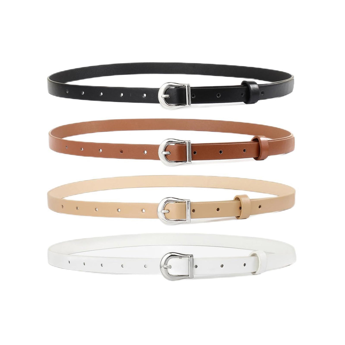 HOTWILL 4 Pack Women Skinny Belts for Jeans Dress Thin Waist Belt for Ladies Silver Buckle A Black Beige Brown White Medium