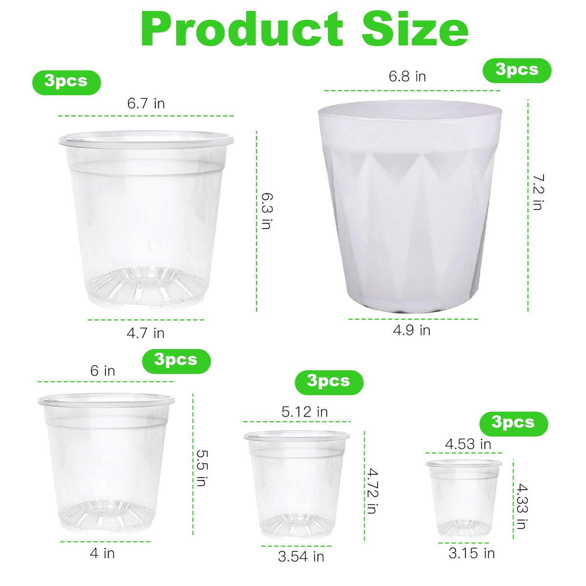 15 Packs Clear Nursery Pots with Drainage for Plants,6.8/6.7/6/5/4.5 Inch High Transparency Plastic Plant Pot Seedling Planter with 3 Decor Planters and Gardening Tools,Reinforced and High Hardness