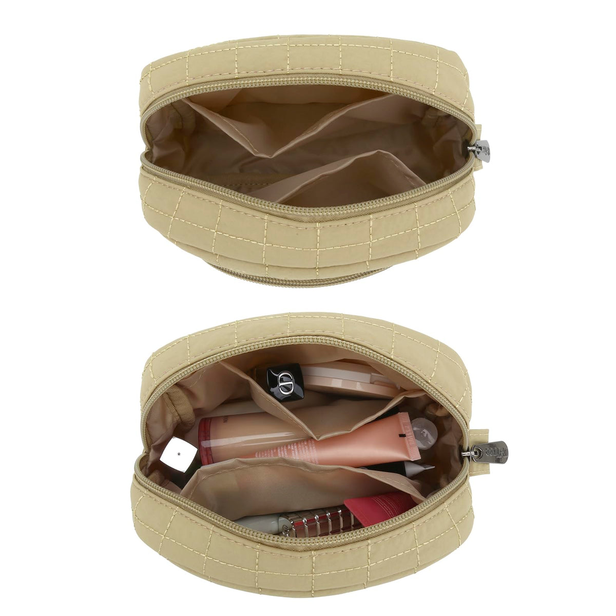 E-Tree Makeup Bag, Quilted Cosmetic Bag for Women, Puffer Make up Pouch for Purse,Travel Toiletry Organizer Case (Khaki)