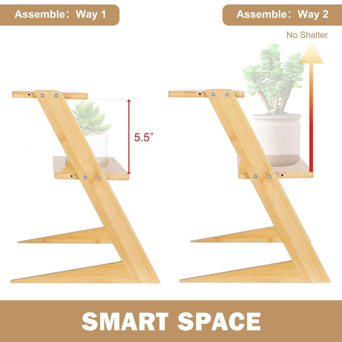 OcBuct 3 Tier Table Top Countertop Small Plant Stand with Shelf Adjustable, Bamboo Wooden Desk Plants Succulent Stand, Office Flower Pot Holder Rack ,Cup Cake Stand, Kitchen Spice Rack