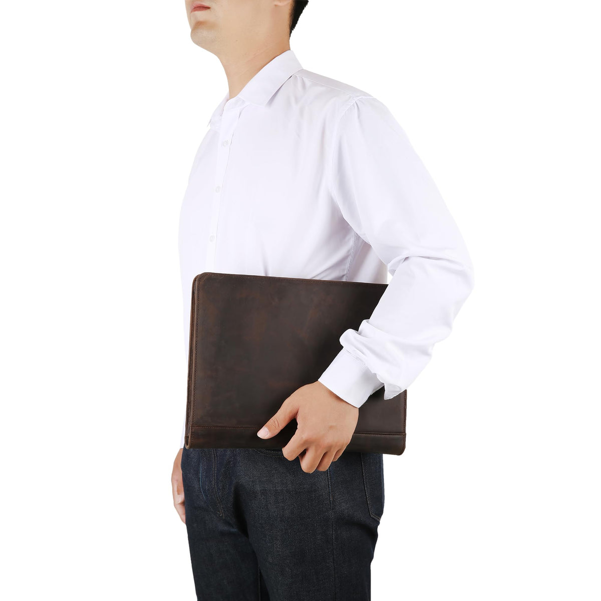Handmade Genuine Leather Portfolio Organizer for IPad/Document, Business Padfolio with A4 Leather Notepad Holder, Leather Compact Folder Conference Portfolio for Men and Women, Dark Khaki