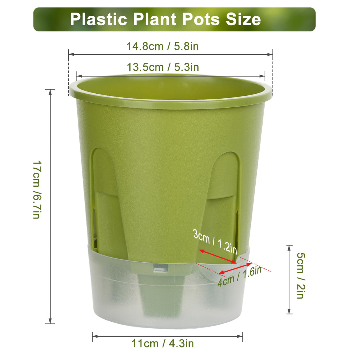 IWNTWY Plant Pots 6 inch Set of 5, Self Watering Pots for Indoor Outdoor, Upgraded Water Inlet Self Watering Planters Flower Pots with Drainage Hole and Clear Saucer Reservoir (Green)