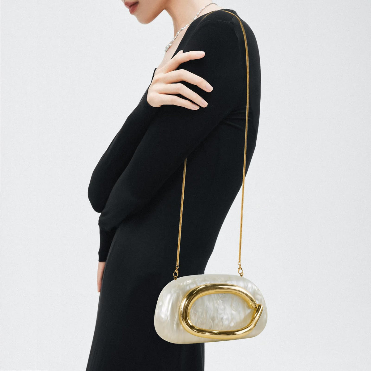 NEWROGENG Clutch Purses for Women Formal, Marble Acrylic Evening Bags with Chain, Trendy Metal Handle Purses and Handbags 2025, Marble White