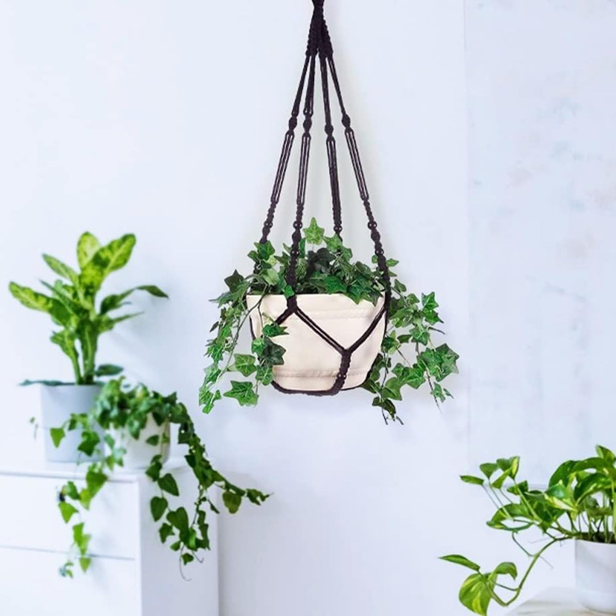 AKEIE Macrame Plant Hanger 3 Pack Indoor & Outdoor Wall Hanging Planter + 3 Hooks Hanging Planters Basket Cotton Rope 35 Inch with Beaded and Non-Tassel Planter Durable(Black)