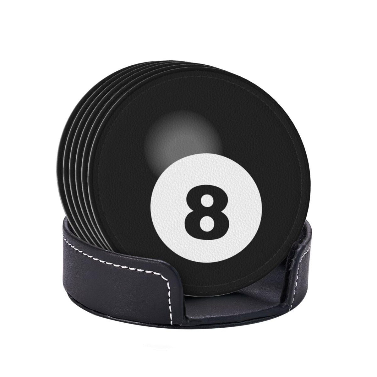 BOXIMIAO Drink Coasters with Holder Stand Set of 6, Billiard Ball Black 8 Pu Leather Absorbent Coasters with Cork Base Table Coaster Round Coasters for Housewarming Apartment Kitchen Bar Decor