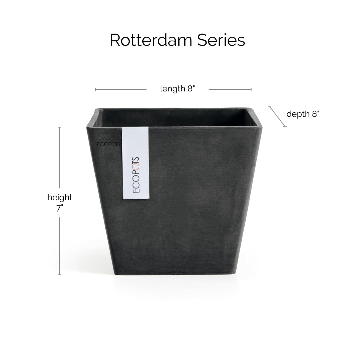 Ecopots Rotterdam Durable Modern Square Indoor/Outdoor Recycled-Based Composite Flower Planter, Dark Grey, 8"