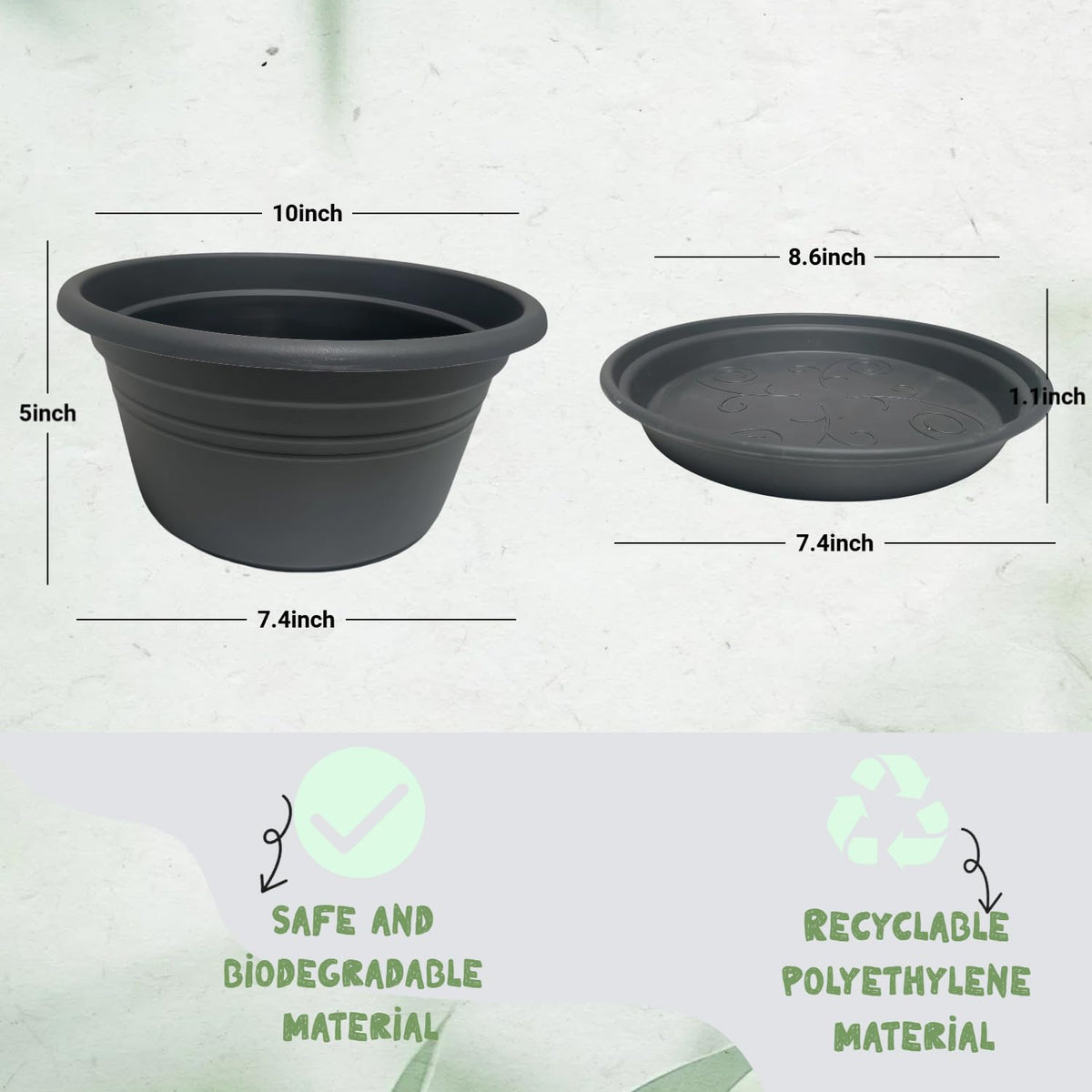 WXQLSZX 6 Pack 10 Inch Round Plastic Plant Pots with Saucers, Pot with Drainage Holes and Tray, Outdoor Pots for Plants with Decoration Flower Pots for Indoor Plants Home Garden Outdoor (Dark Gray)