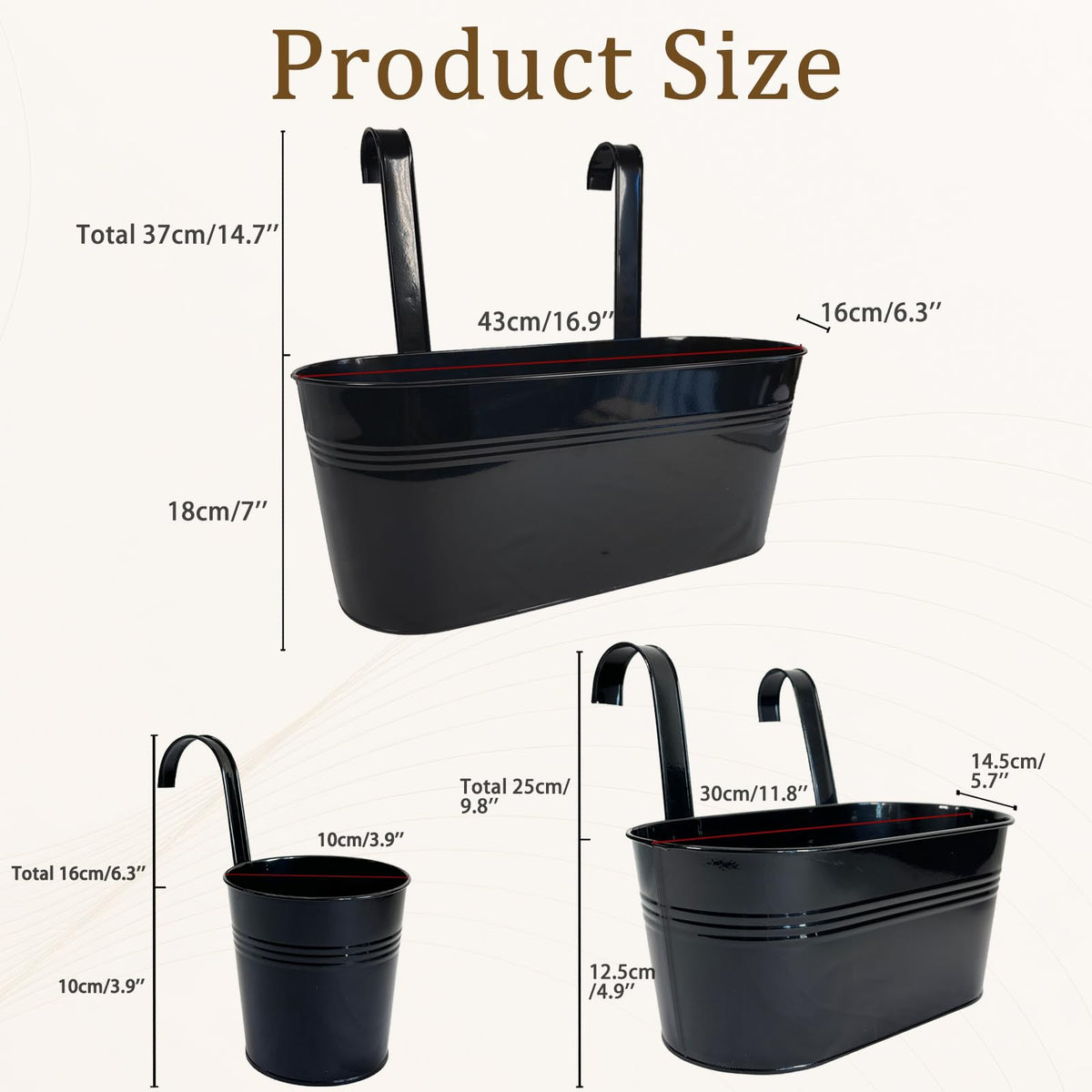 Joyfernal Set of 6 Balcony Hanging Planters, 2 Pcs 17" Metal Railing Flower Pots & 2 Pcs 12" Deck Planter & 2 Pcs 4" Fence Pot for Outdoor Patio Garden Décor, Black