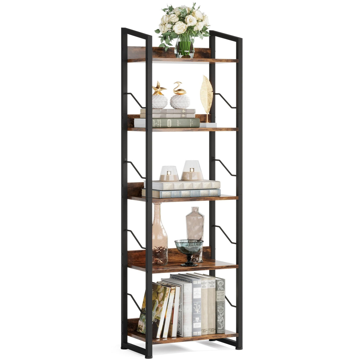 Hosfais 5 Tier Tall Bookshelf: Industrial Wood Book Shelf with Edge Protection Metal Narrow Bookshelf Bookcase Storage Organizer Display Rack for Living Room Home Office (Rustic Brown)