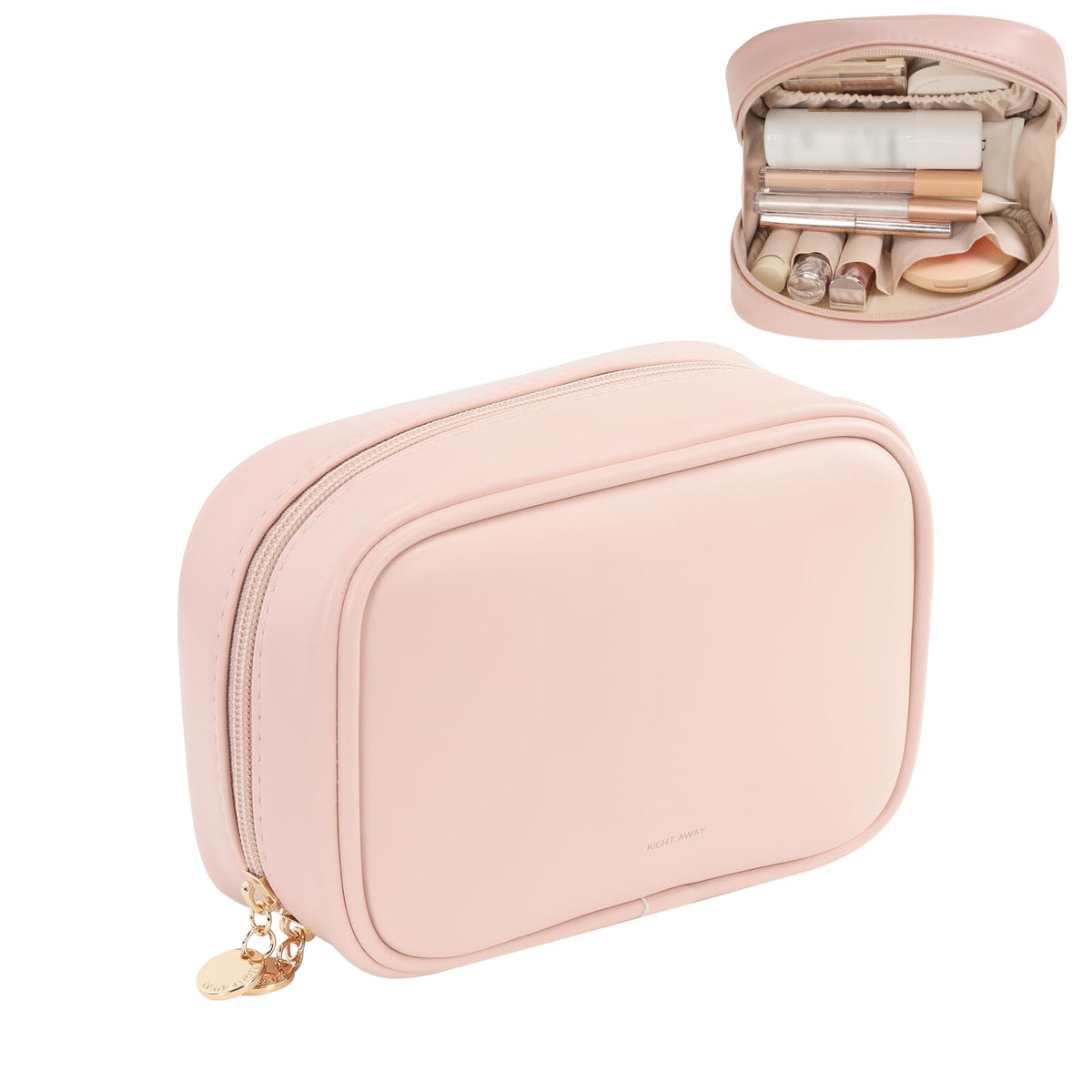 RIGHT AWAY Small Makeup Bag for Purse,Cosmetic Bag Organizer for Women,Waterproof PU Leather Make Up Pouch Toiletry Bag with Pockets,Portable Makeup Case for Travel Accessories&Accessories(Pink)