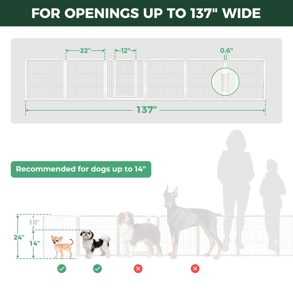 FXW Dog Gate Extra Wide Designed for Indoor Use, Adjustable Width Up to 137-inch Wide (24" H 6 Wire Panels for Puppies and Small Dogs), White