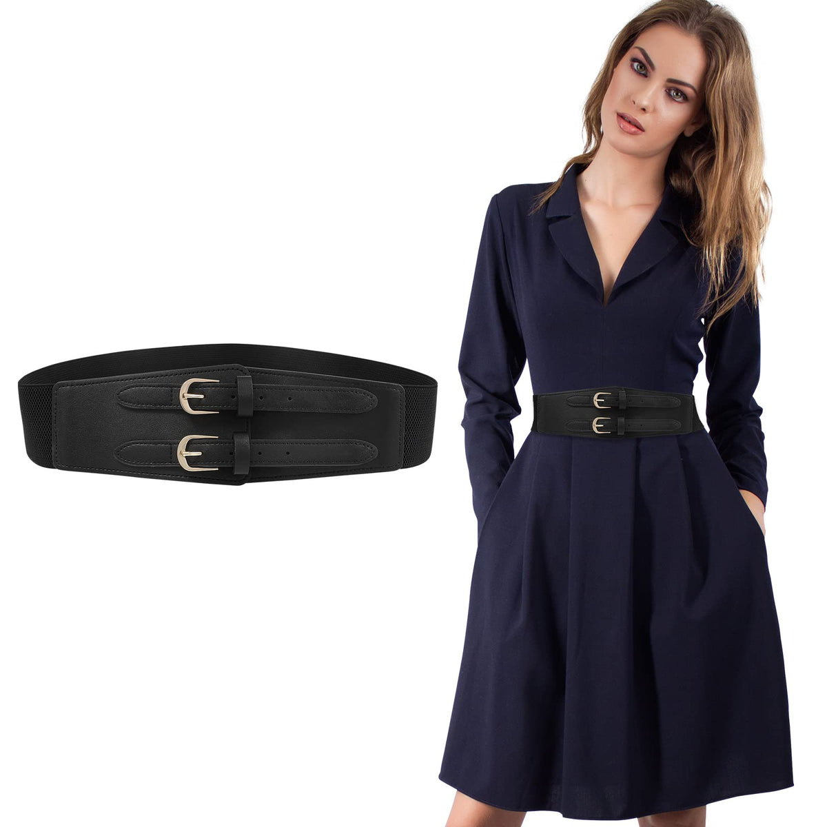 AWAYTR Double Buckle Women's Elastic Belt - Ladies Stretchy Wide Waist Leather Belts for Dresses Jeans(Black 31-33.5")
