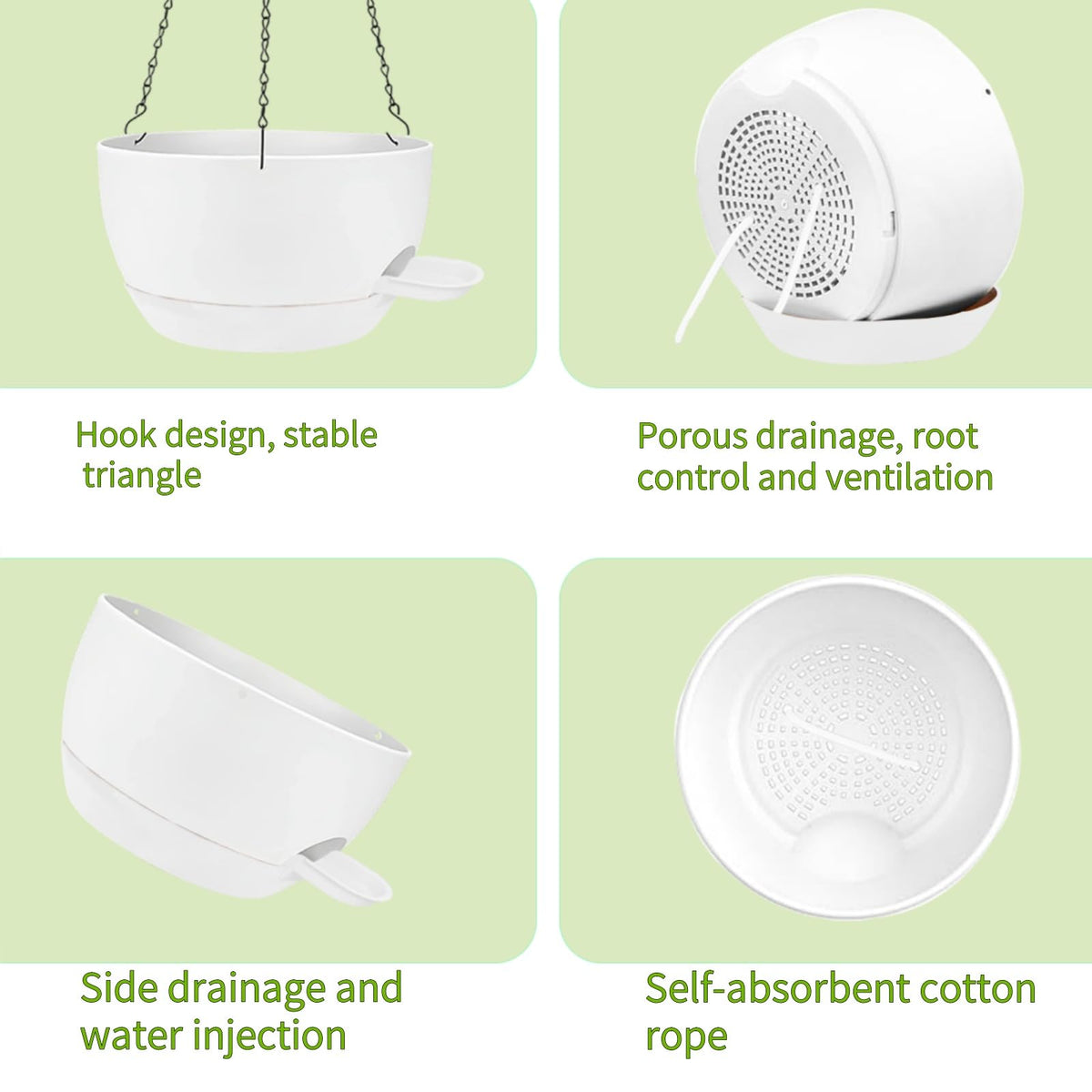 CNLBO 2 Pack Hanging Planters for Indoor Outdoor Plants, 12Inch Self Watering Hanging Pot with Drainage Holes and Saucer, Plastic Plant Pots, White Flower Pots for Kitchen, Balcony, Garden