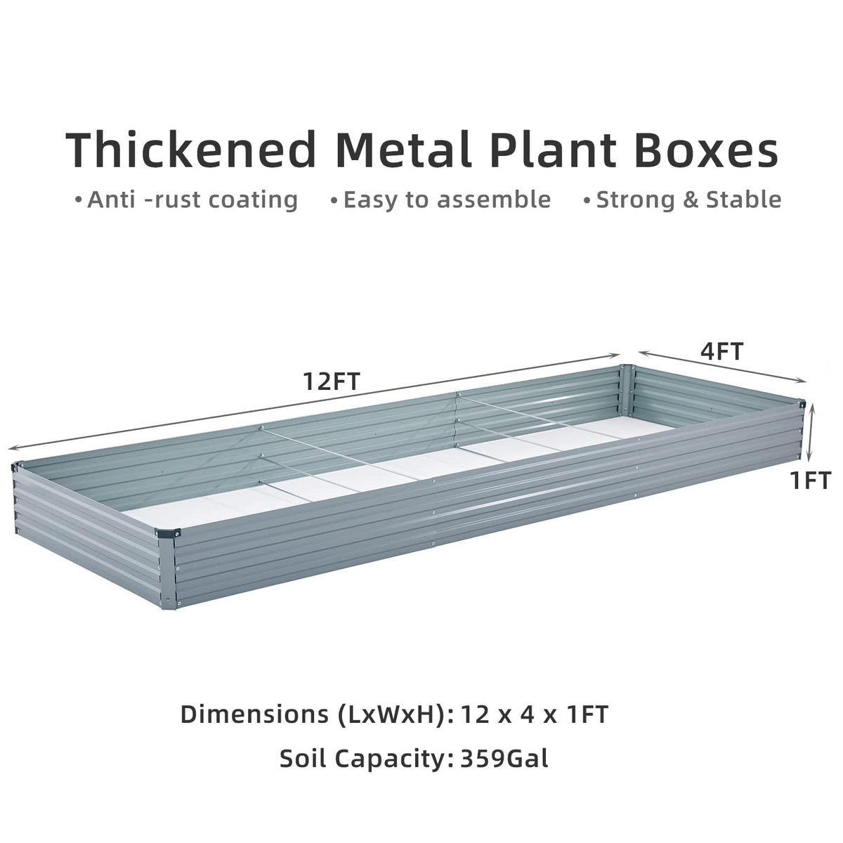 Meberam 2 Pack 12x4x1FT Galvanized Raised Garden Beds Kit Outdoor Metal Gardening Planter Box for Vegetable Elevated Flower Herbs,Gray