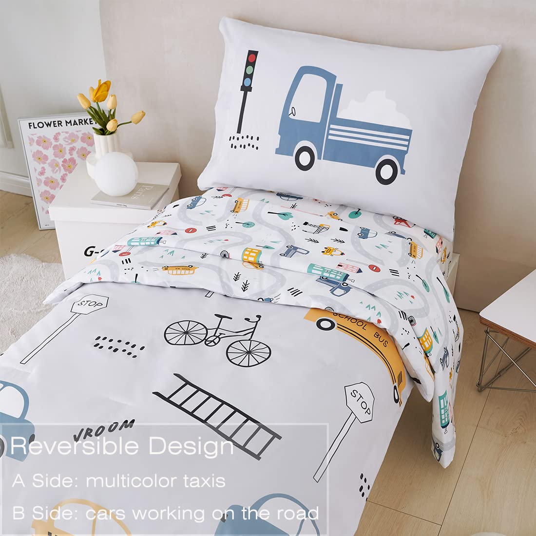 PERFEMET 4 Pcs Toddler Bedding Set - Soft Reversible Cars, Bus, Trucks Print Toddler Bed Set for Boys & Girls - Matching Sheet Set (Light Grey, Taxis/Bus/Trucks)