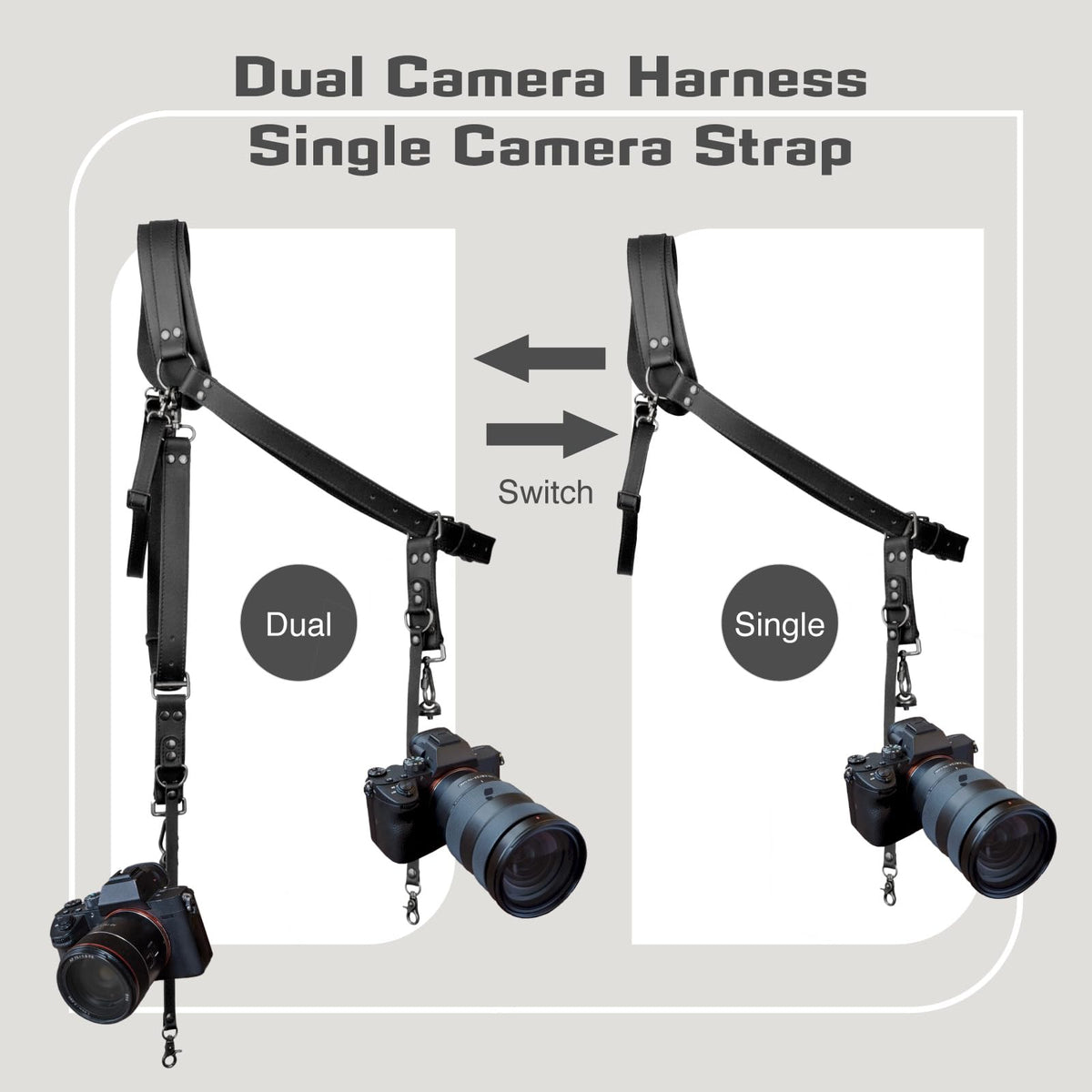 4J LEDR Leather Camera Strap,Shoulder Camera Strap for 1 or 2 Camera,Dual Camera Harness for Photographers,Multi Camera Gear for Dslr/Slr Strap,Camera Harness Camera Sling Strap Single or Dual,Black