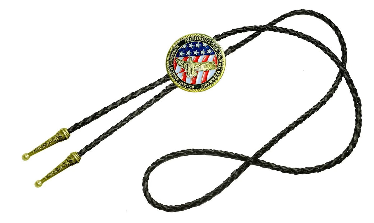 Moranse Bolo Tie with Fluttering American Flag Patriot Style Genuine and Cowhide Rope