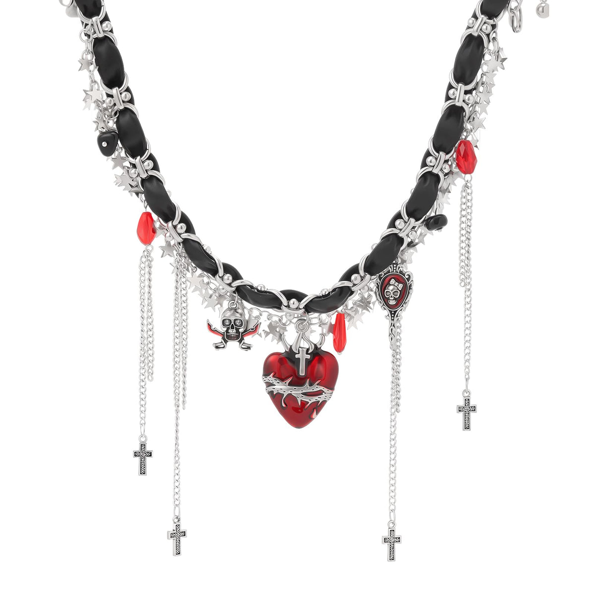 Thalireth Goth Vampire Heart Necklace Spooky Gothic Skeleton Cross Y2k Star Tassel Leather Choker Chunky Statement Necklace for Women Halloween