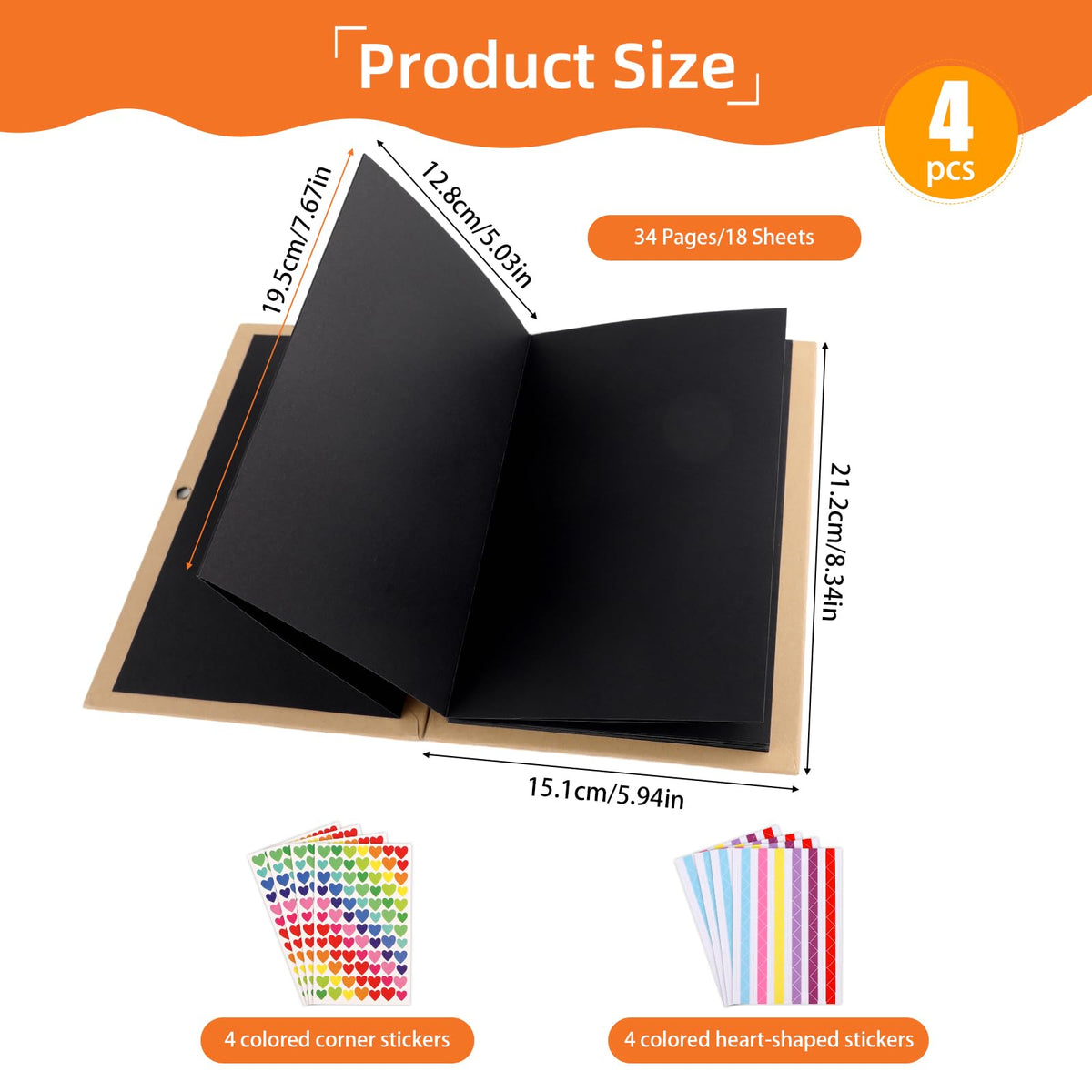 4 Pack 6 x 8 Inch Small Scrapbook Album with Black Pages,Photo Album with DIY Accessories Kit,Stretchable Folding Kraft Paper Memory Book Accordion Adventure Scrapbook for Anniversary Graduation