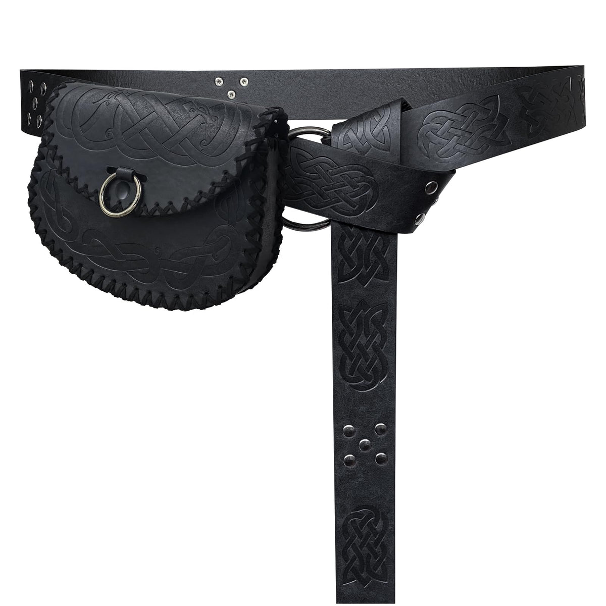 HiiFeuer Medieval Embossed O Ring Belt and Viking Embossed Belt Bag Set for LARP (Black)