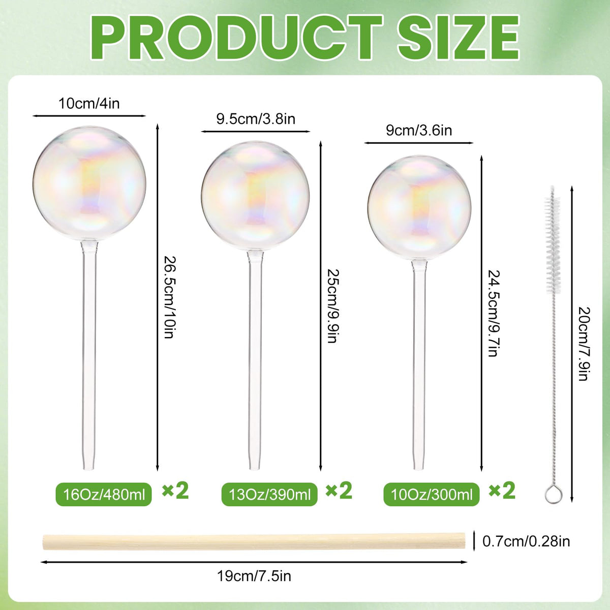 Ferrochef 6 Pcs Iridescent Self Watering Globes Glass Rainbow Plant Self Watering Globes Planter Insert Large Automatic Plant Waterer Bulbs for Planter Indoor Outdoor Garden, 16oz, 13oz, 10oz