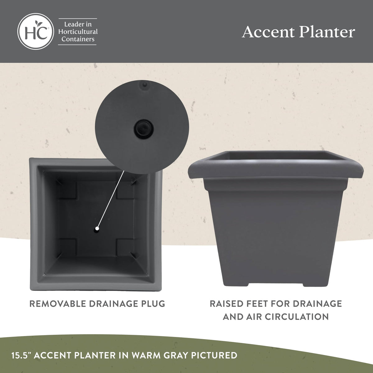 The HC Companies Accent Square Plant Pot w/Drainage - Classic Planters for Outdoor Plants & Indoor Plants - Lightweight & UV-Resistant Square Planter Box (15.5”, Evergreen, Pack of 1)