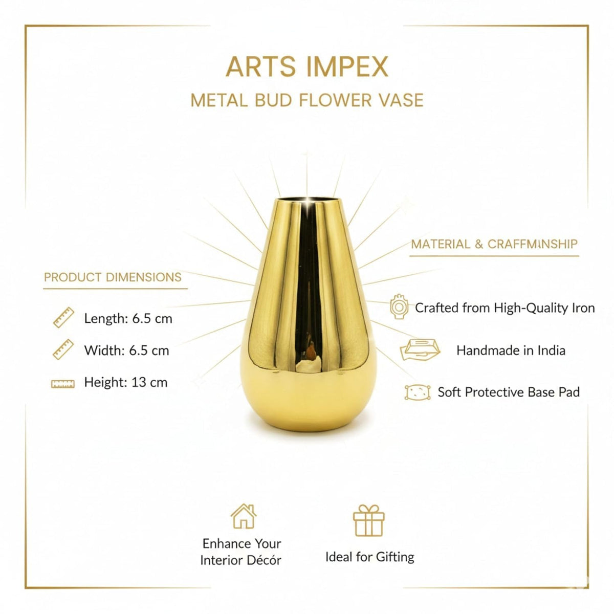 Handcrafted Metal Flower Vase Round Gold Polish Decorative Tabletop Vase for Home Décor, Living Room, Kitchen, Office & Wedding