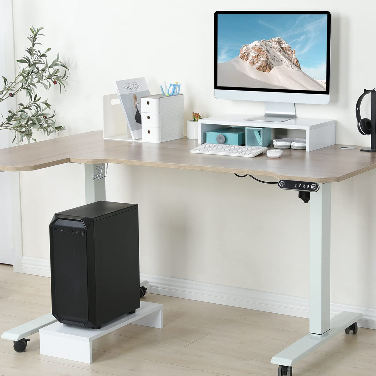 TEAMIX 2 Tier White Wooden Laptop Stand and 2 Pack 20 inch White Monitor Stand Riser for Computer Desk Home Office Organization.