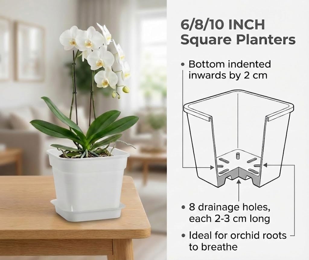 6 Pack 10/8/6 Inch Square Plant Pots with Saucers - 24-Strip Airflow Drainage for Root Health - Heavy Duty 5mm Thick White Plastic Orchid Planters for Indoor Outdoor Flowers, Herbs & Succulents