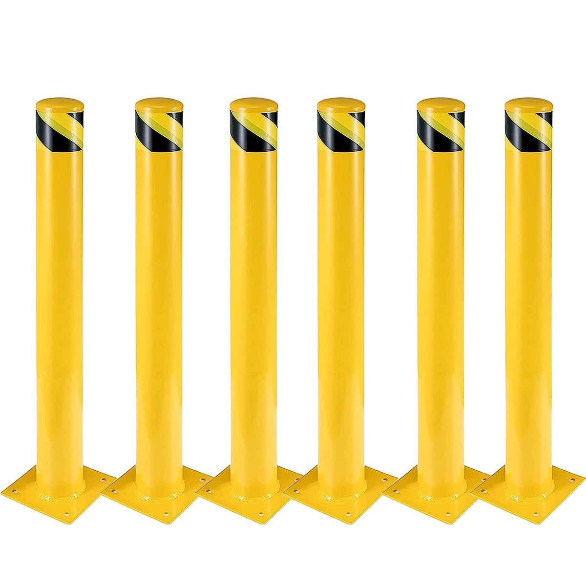 6-Pack 42 Inch Steel Safety Bollard Post, 4.5 Inch Diameter Metal Safety Bollard with 24 Anchor Bolts for Driveway Barrier, Parking Pole, Traffic Control