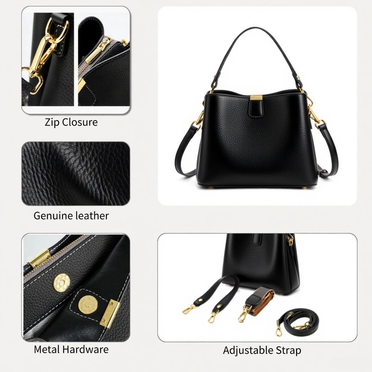 Leather Bucket Bag for Women, Soft Crossbody Top-handle Purse with 2 Style Adjustable Straps, Spacious Daily Handbag for Work, Black