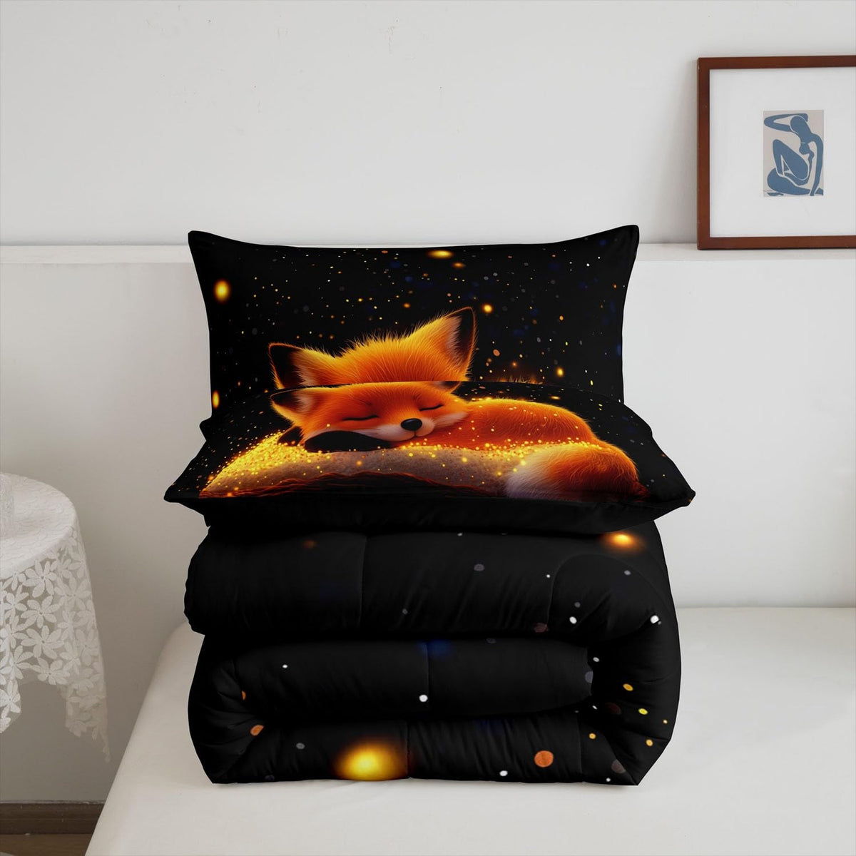 Feelyou Cute Fox Comforter Set Twin Size Kids Galaxy Fox Bedding Set for Boys Girls Teens Universe Animal Comforter Breathable Woodland Fox Duvet Set Glitter Wildlife Quilt Set