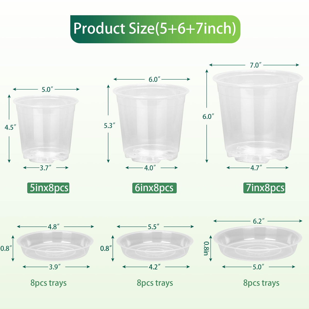 HQAUT 24 Pack 7/6/5 Inch Clear Nursery Pots with Drainage and Saucers, Clear Plastic Plant Pots for Plants, Seed Starting Pots