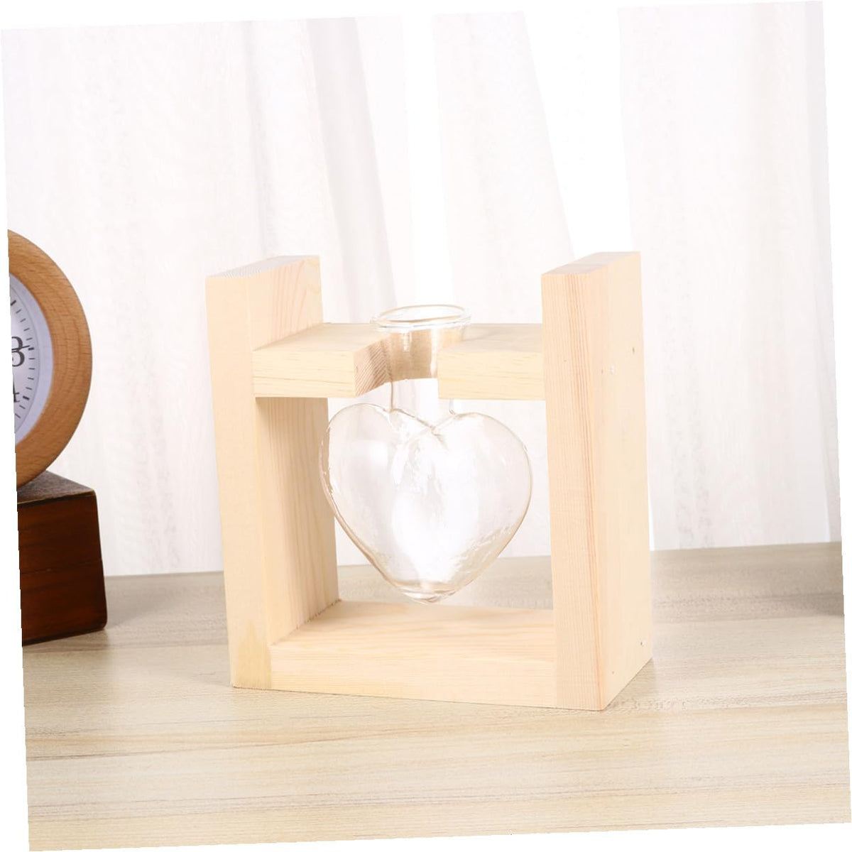 HAKIDZEL Heart-Shaped Glass Vase with Wooden Rack Hydroponic Plant Terrarium Container for Indoor Flower Arrangement Heat-Resistant Decorative Planter for Tulips Roses Indoor and Office