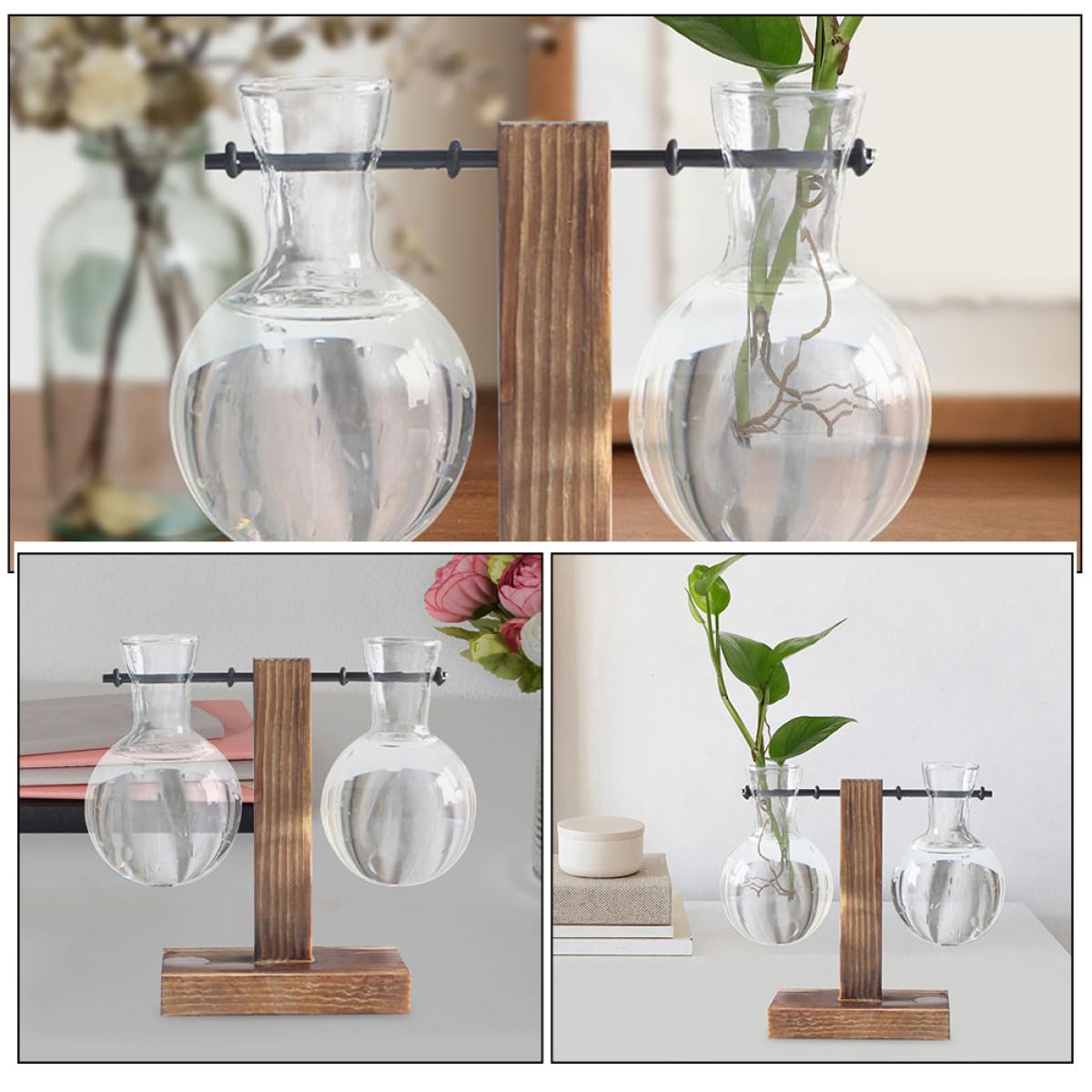 OSALADI 3Pcs Glass Hydroponic Vase with Wood Stand, High Borosilicate Glass Planter for Indoor Plant Propagation and Flower Display, Desk Terrarium Jars for Home and Office Decor