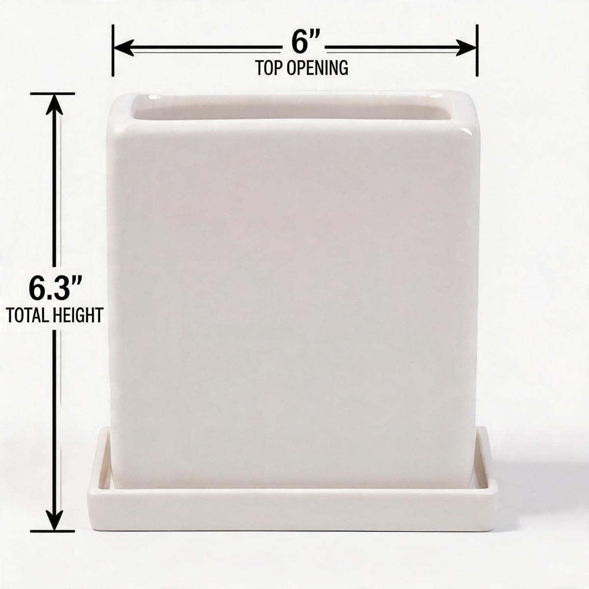 White Ceramic Plant Pots with Saucers, 6 Inch Square Planter Pots Set of 2, Modern Minimalist Medium Flower Pots for Indoor Plants, Snake Plants, Monstera, Home Decor