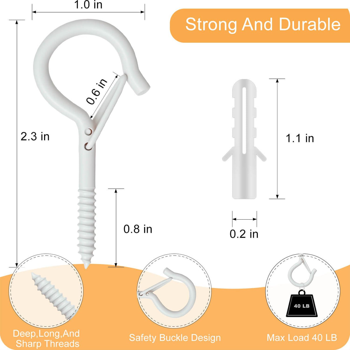 KULOLO Black Screw Hooks with Safety Lock 2.3" Rustproof Metal Ceiling Hooks for Hanging Plants, Baskets,String Lights & Outdoor Decor, 40LB Capacity (30, White)