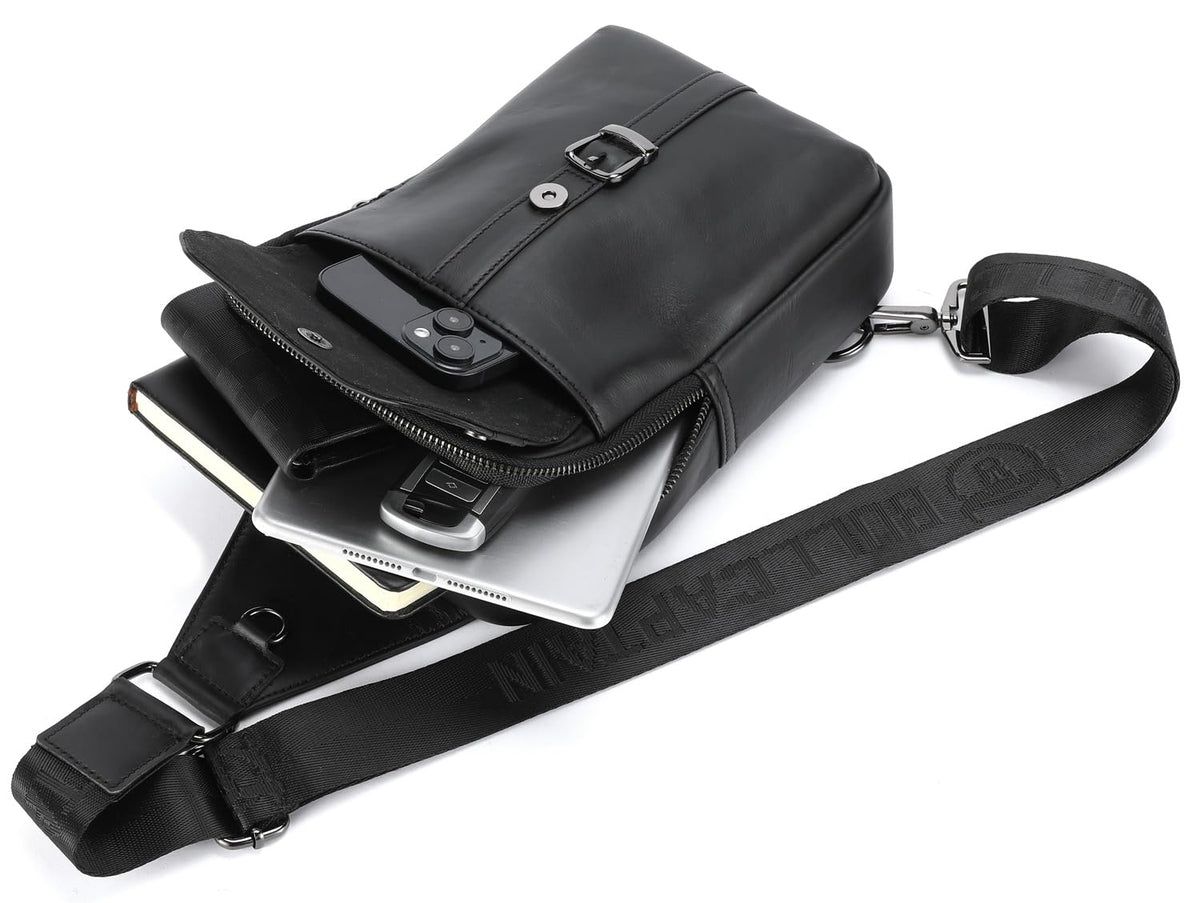 BULLCAPTAIN Men's Leather Samll Crossbody Backpack Sling Chest Bag for Hiking Travel (Black)