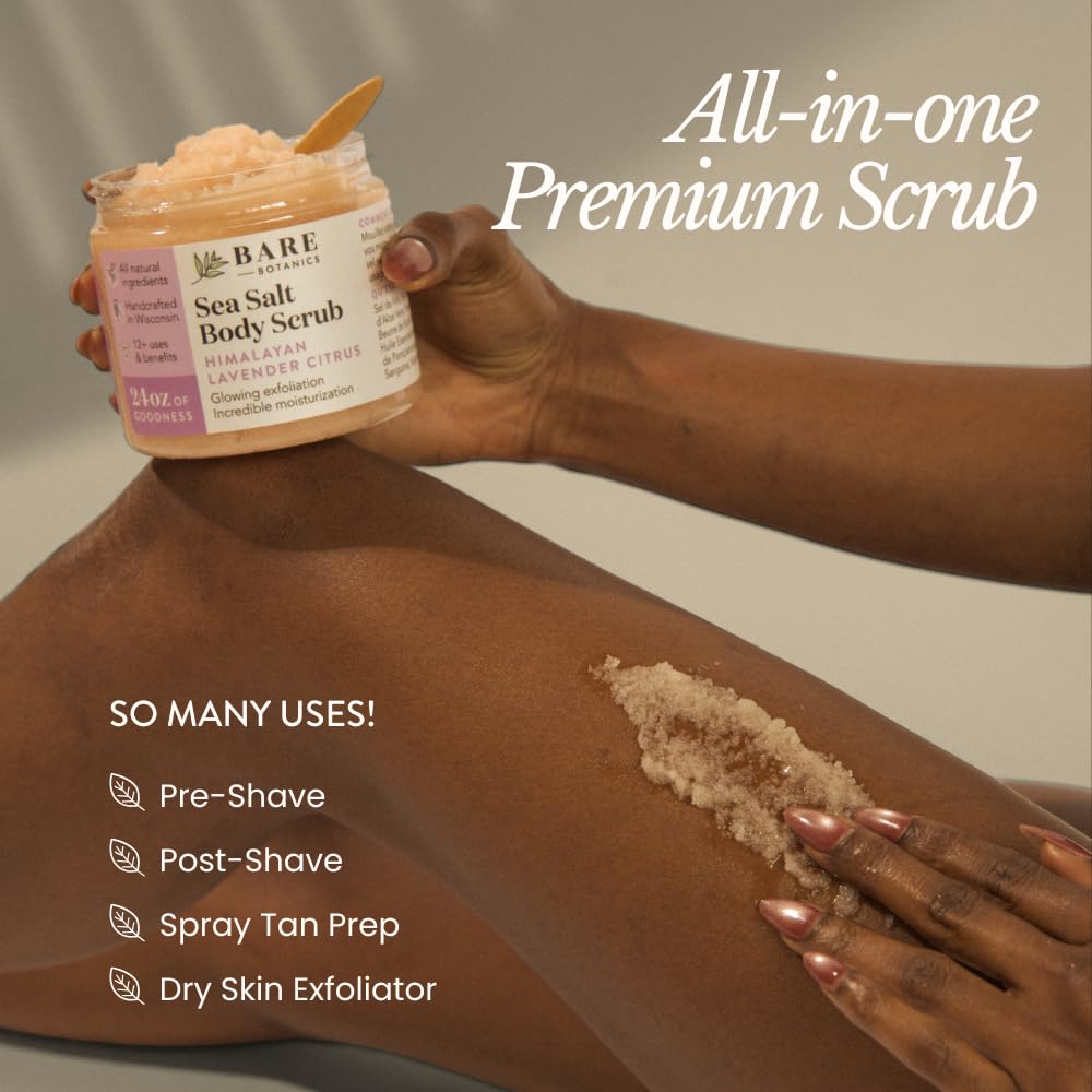 Bare Botanics Body Scrub 24 oz - Naturally Scented Salt Scrub Made in Madison WI - Formulated w/Skin Loving Moisturizers - Cruelty Free Exfoliator w/a Cute Wooden Spoon - Himalayan Lavender Citrus