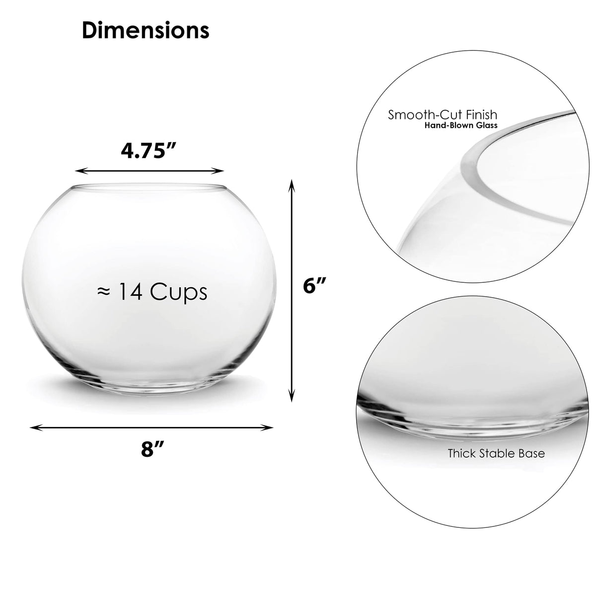 CYS EXCEL Glass Bubble Bowl (H-6" W-8", Approx. 3/4 Gal.) Small Fish Bowl Round Terrarium Vase Globe Flower Centerpiece for Weddings Events Arrangements