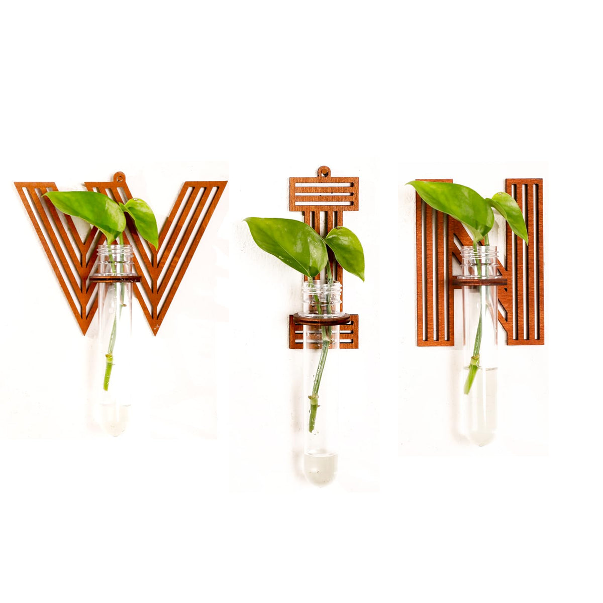 Win Letter Wall Propagation Planters Test Tubes Wall Decor for Hanging Plants Clear Water Plant Vase Brown Wood Upletter Alphabet Functional Art Boho Set of 3