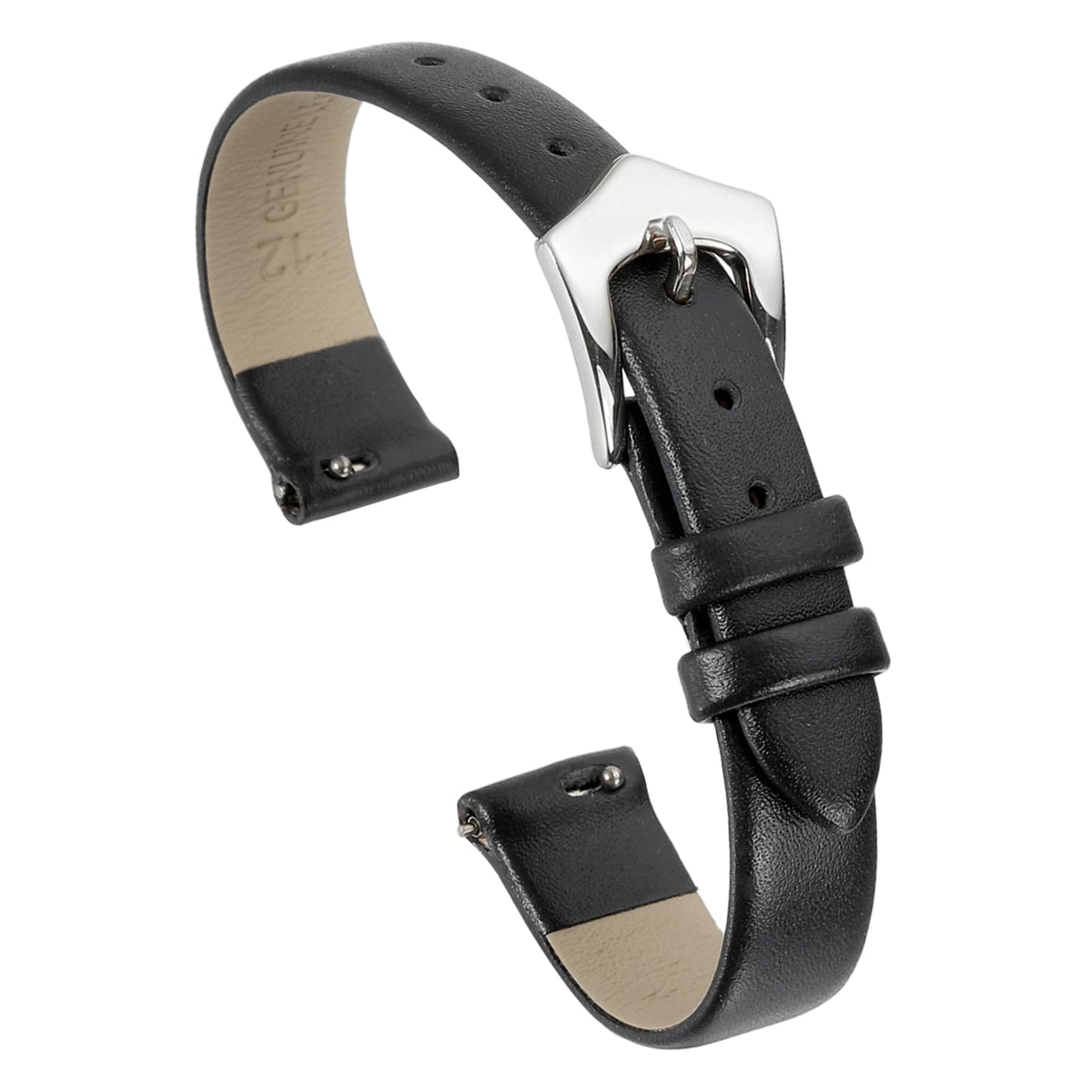 uxcell 12mm Black Genuine Leather Watch Bands, Quick Release Flat Thin Elegant Leather Watch Strap Wristband Replacement Bands with Silver Stainless Steel Buckle for Women