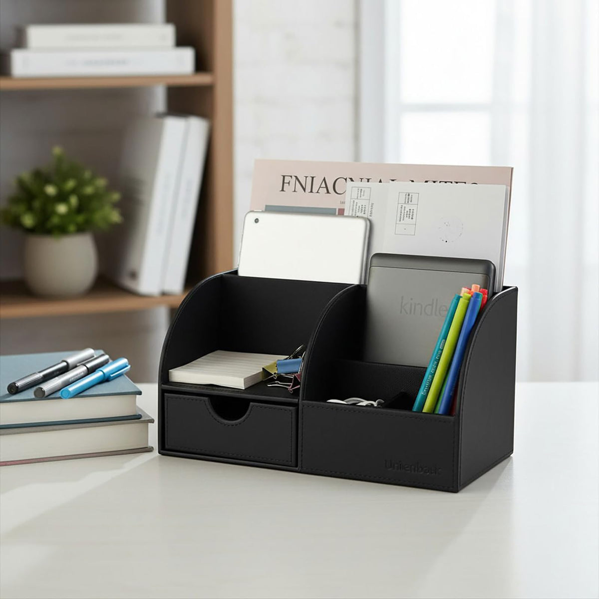 UnionBasic Desk Organizer - Multifunctional Leather Desktop Pen Holder Storage Box - Business Card/Pen/Pencil/Mobile Phone/Stationery Holder, Black