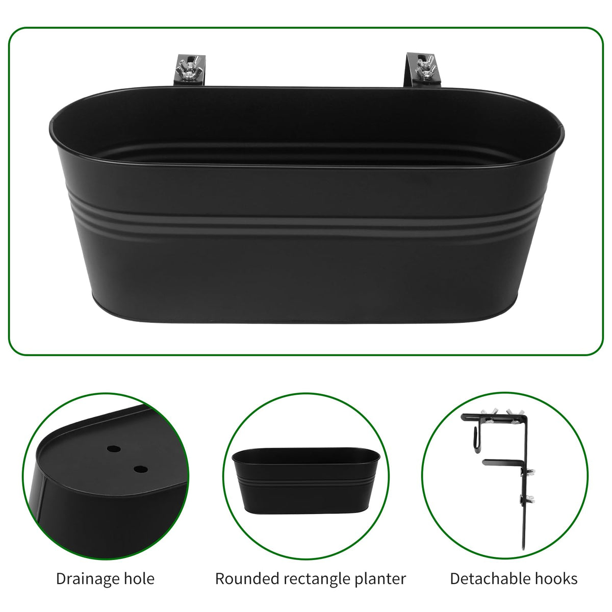 Holensun Railing Planter Box 16 Inch Metal Balcony Planters with Adjustable Brackets and Drainage Window Balcony Fence Deck Hanging Flower Pots for Outdoor Plants Apartment Patio Decor Black(4PCS)