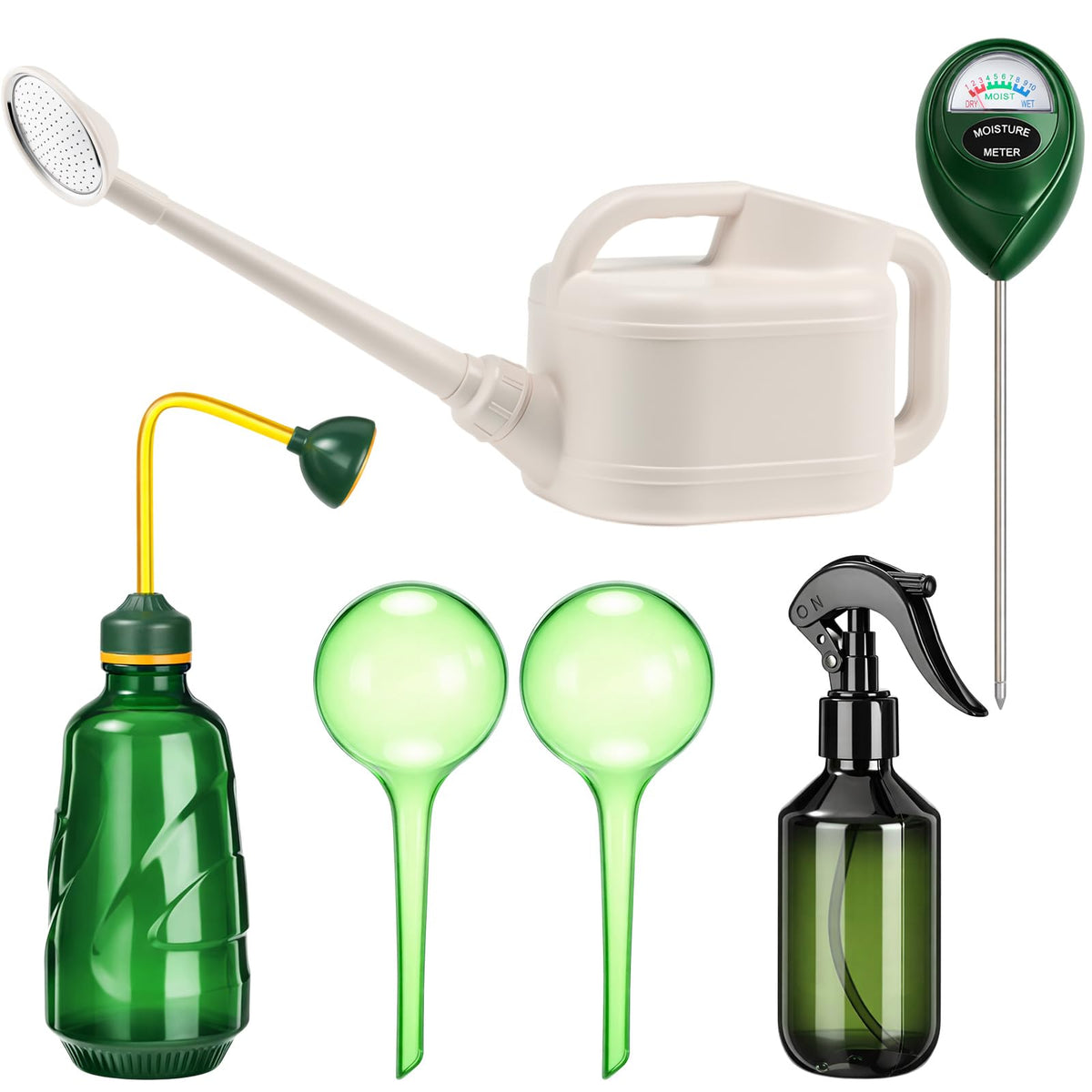 Reallnaive 6-piece Indoor Watering Can Set – 1 Gal Can, 6.8 oz Spray, 15 oz Squeeze, Plant Watering Globes & Soil Moisture Meter, Indoor & Outdoor Plant Care(White)
