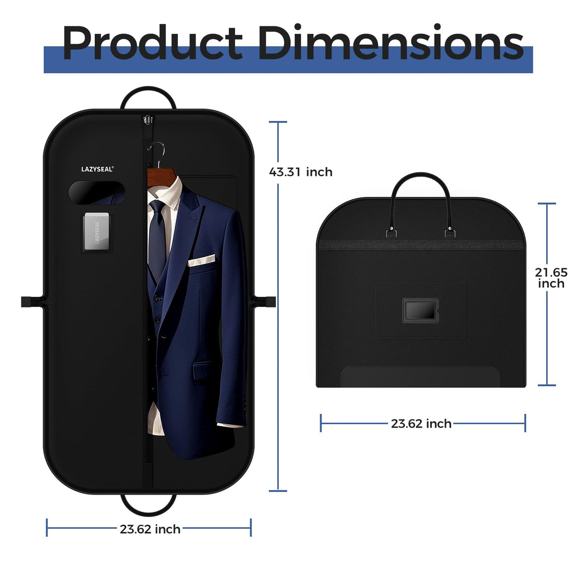 LAZYSEAL Garment Bag for Closet Storage and Travel 43-Inch Waterproof Dustproof Suit Luggage Bag Unisex Clothes Bag Durable 600D Oxford Fabric 2-in-1 Hanging Suit case Coat Bag for Man, Woman