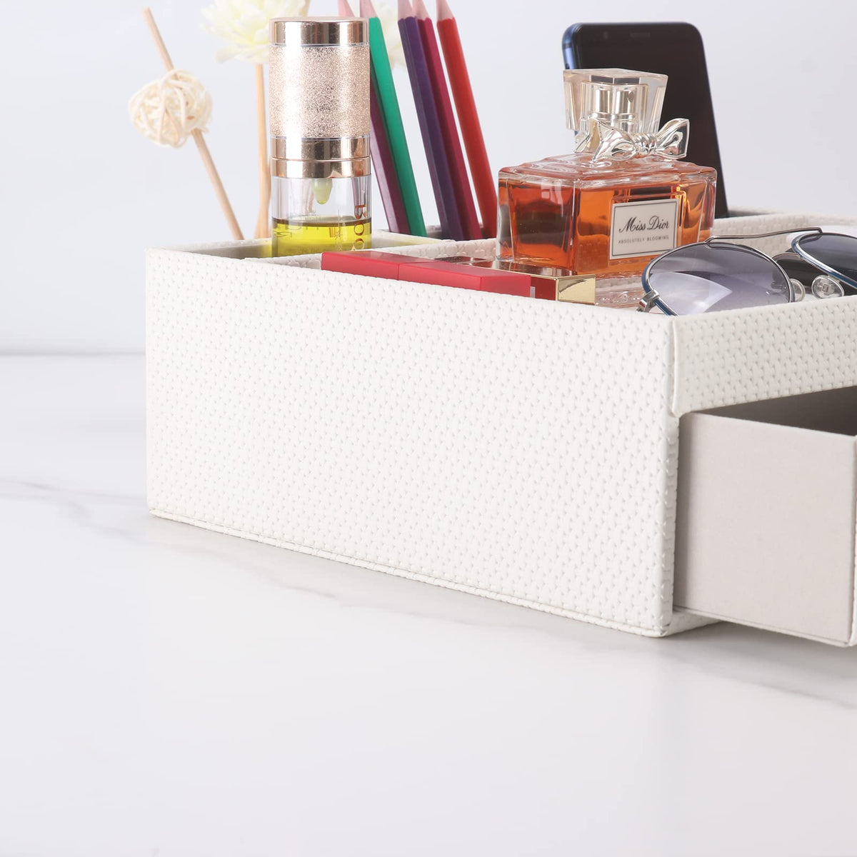 SYRWDXTX Leather Desk Organizer With Drawers, Home Cosmetics & Phone Remote Organizer, Drawer Plus Divider & Tray (white)