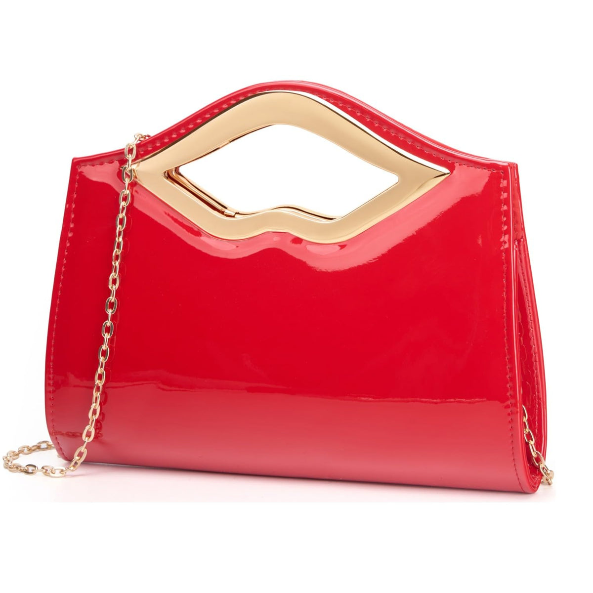 DETARA Patent Leather Evening Clutch Purse for Women Lip Metal Grip Handle Handbag for Cocktail Party Prom (Red 1386)