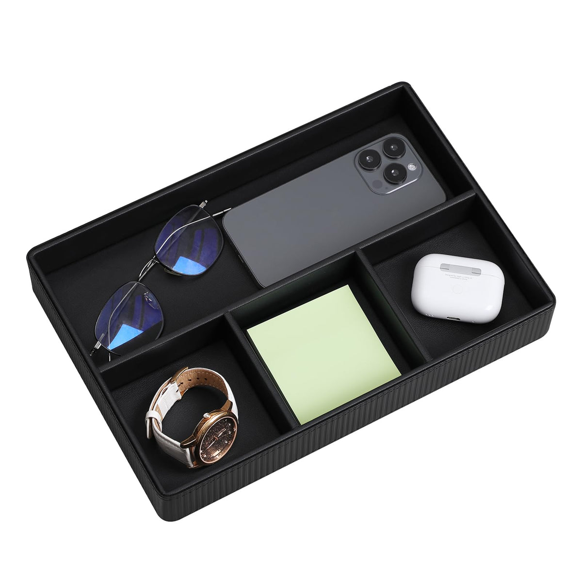 NICLNGSH PU Leather Valet Tray, Decorative Trinket Vanity Desk Drawer Organizer Tray, Perfume Dish Catch All Bowl for Keys, Nightstand Drawer Organizer Women Men with 4 Compartments (Black)