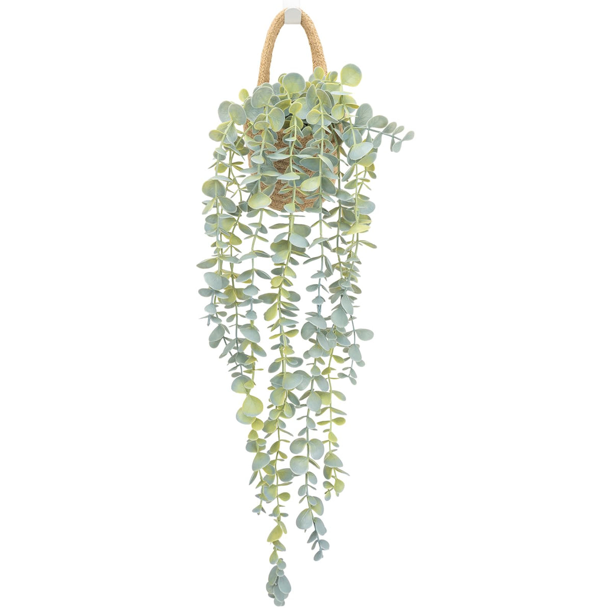 HOFMEFY Fake Hanging Plant Decor Indoor, Eucalyptus Artificial Faux Plants in Wall Woven Planters, Jute Hanger with Black Pot Soft Green 1PCS 23Inch Long